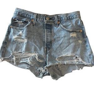 Levi’s 501 Button Fly Cut Off Shorts Distressed Beach Denim Light Blue 27